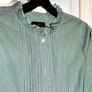 J Crew, Women’s, Ruffle Collar, Green Striped, Small, Dress Shirt, Gently Used